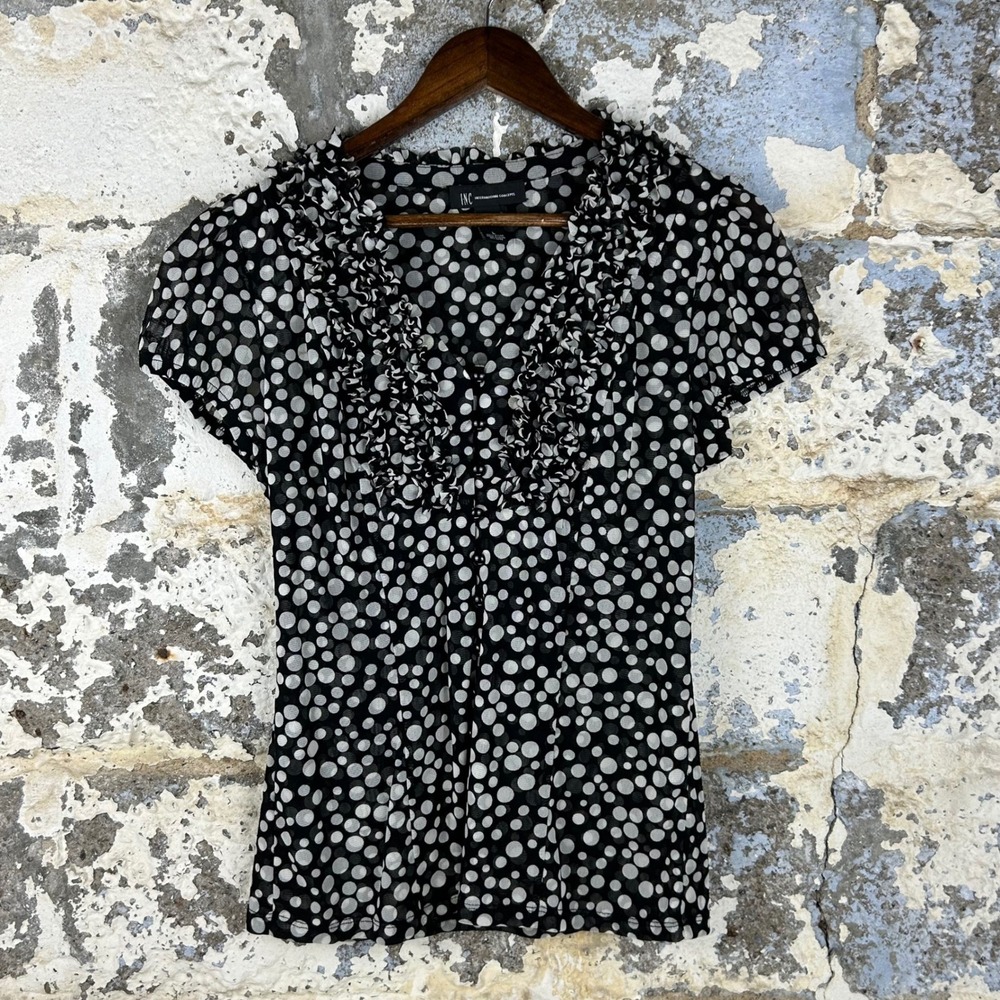 INC International Concepts Black White Polka Dot Ruffle Mesh Blouse Large